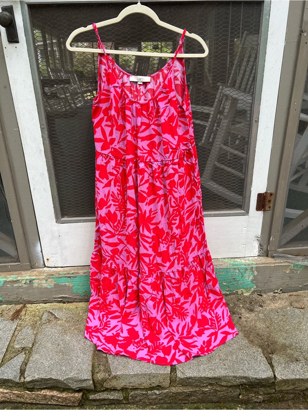 LOFT Pink and Red Floral Tiered Maxi Dress-Skirt
